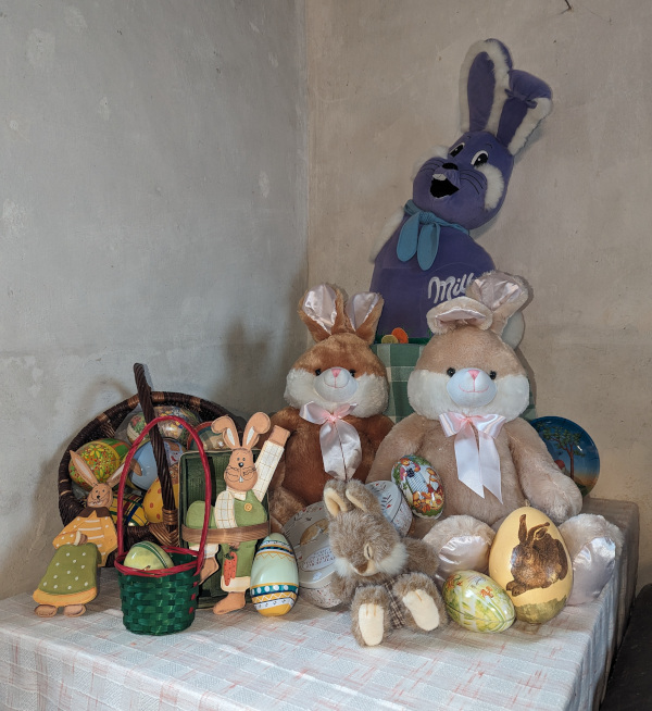 easter decoration with eggs and plush bunnys